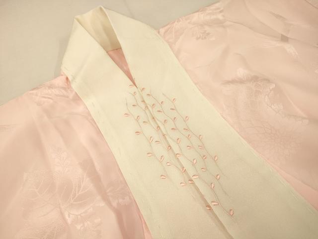平和屋着物■長襦袢 無双仕立て 草花地紋 薄桜色 半衿刺繍 正絹 逸品 AABH4414fw