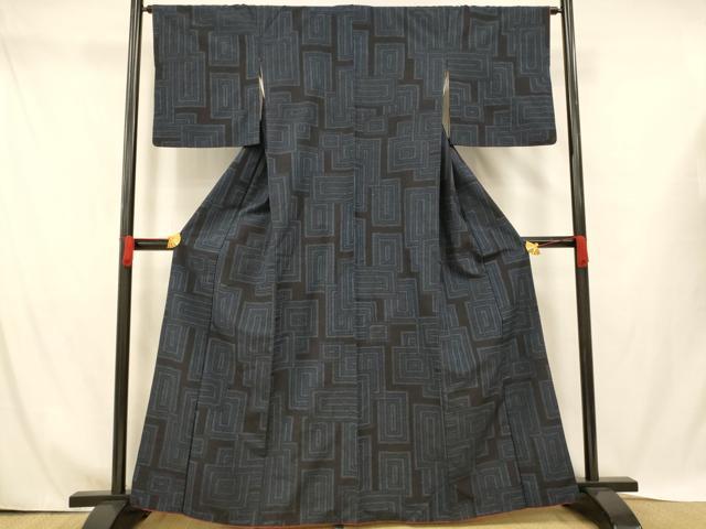 平和屋着物■上質な紬 格子 黒地 正絹 逸品 AABH4430fw