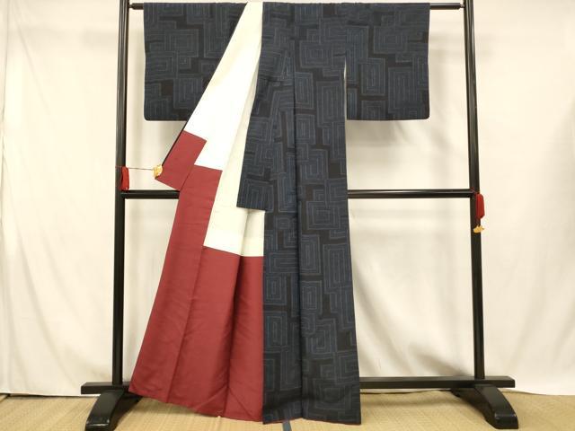 平和屋着物■上質な紬 格子 黒地 正絹 逸品 AABH4430fw