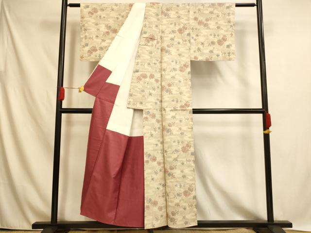 平和屋着物■上質な紬 エ霞草花文 正絹 逸品 AABH4513fw