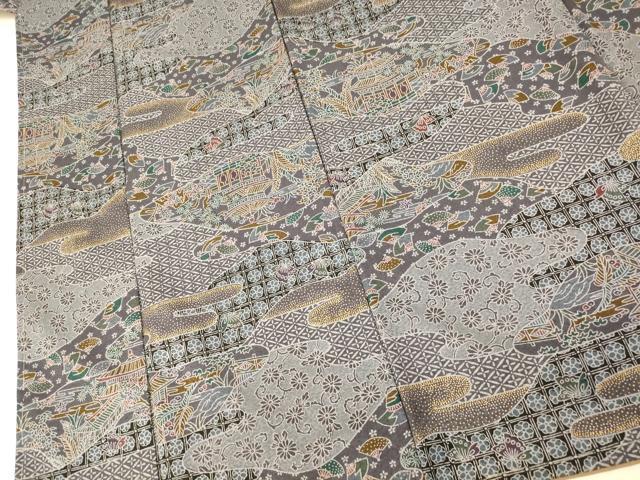 平和屋着物■小紋 雲取り風景文 金彩 洗える着物 未使用 AABH4541fw