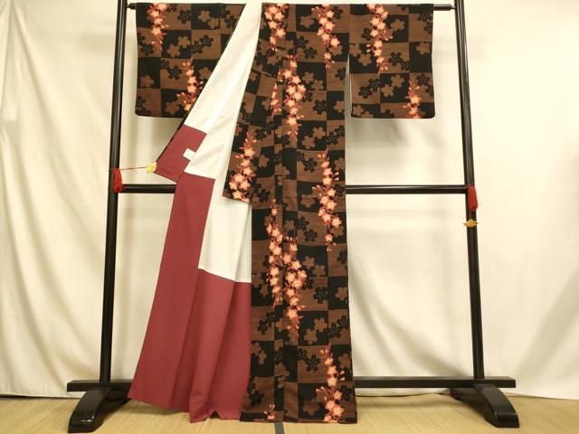 平和屋着物■小紋 桜格子 洗える着物 AABH4554fw