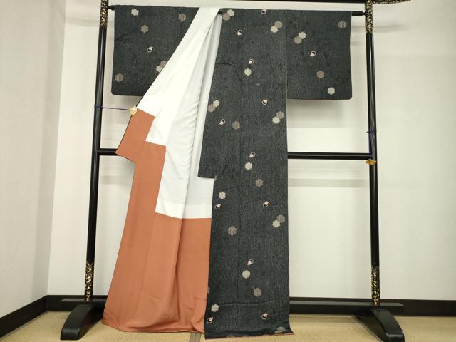 平和屋着物●上質な小紋 雪輪花文 黒地 正絹 逸品 AABH4574ck