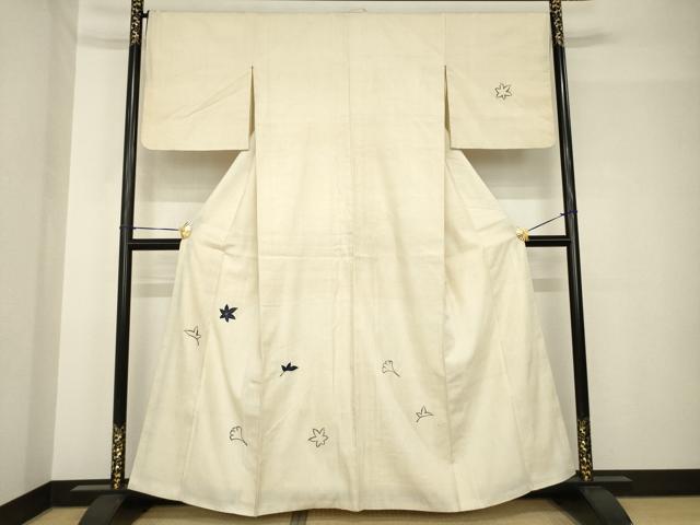 平和屋着物●本場結城紬 重要無形文化財 訪問着 総刺繍 銀杏 楓 正絹 逸品 AABH4585ck