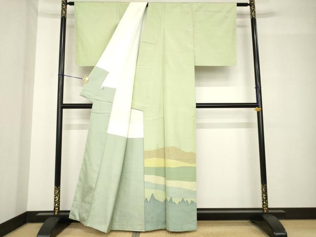 平和屋着物●絲藝苑 上島洋山 海草染 訪問着 遠山文 正絹 逸品 AABH4590ck