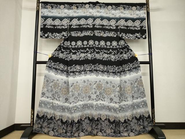 平和屋着物●訪問着 中国三大刺繍 スワトウ刺繍 汕頭刺繍 横段更紗花文 暈し染め 黒地 金糸 正絹 逸品 AABH4603ck