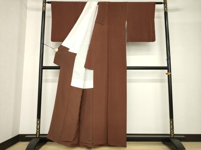 平和屋着物●浦野理一 色無地 こげ茶色 鬼しぼ縮緬 正絹 逸品 AABH4610ck