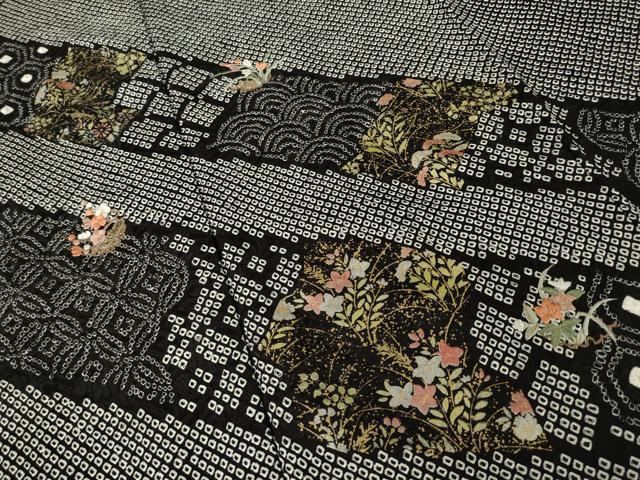 平和屋着物●訪問着 総絞り 刺繍 草花文 黒地 正絹 逸品 AABH4639ck