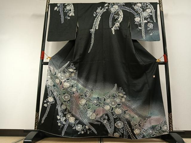 平和屋着物○訪問着 作家物 孝美 辻が花 絞り 暈し染め 黒地 金彩