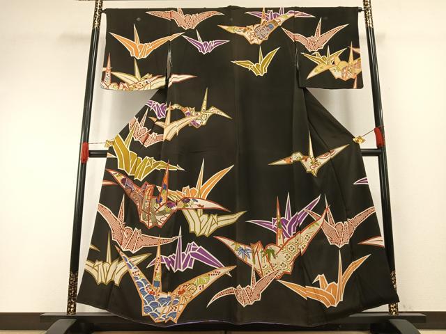 平和屋着物●アンティーク 大正ロマン 訪問着 刺繍 折鶴 黒地 正絹 逸品 AABH4653fy