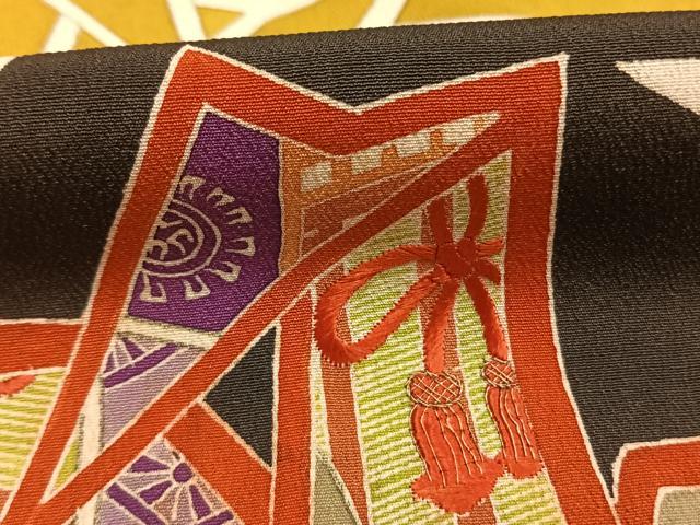 平和屋着物●アンティーク 大正ロマン 訪問着 刺繍 折鶴 黒地 正絹 逸品 AABH4653fy