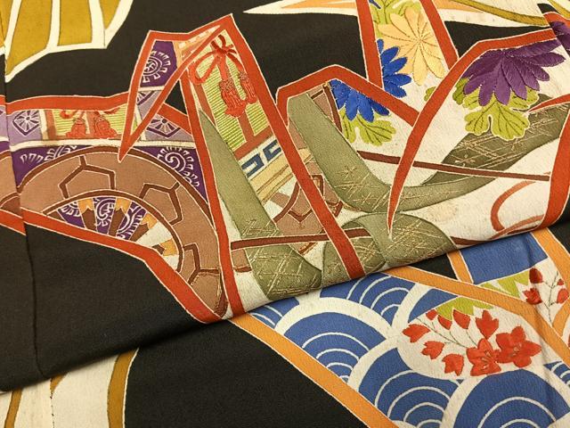 平和屋着物●アンティーク 大正ロマン 訪問着 刺繍 折鶴 黒地 正絹 逸品 AABH4653fy
