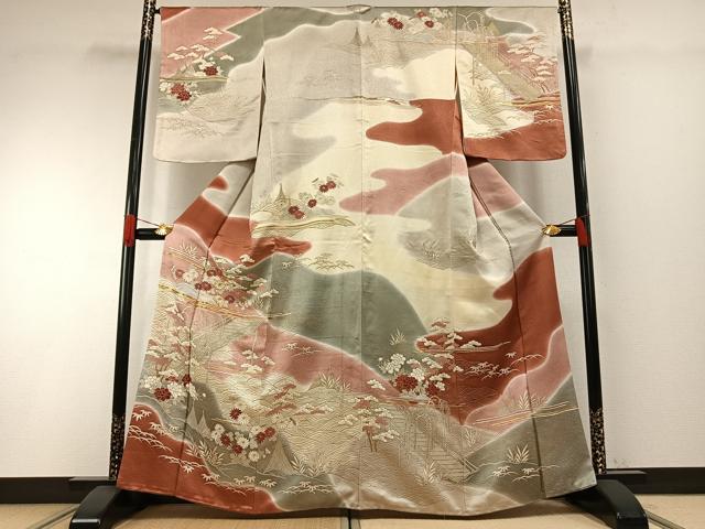 平和屋着物●訪問着 友禅 駒刺繍 草花文 暈し染め 金彩 正絹 逸品 AABH4655fy