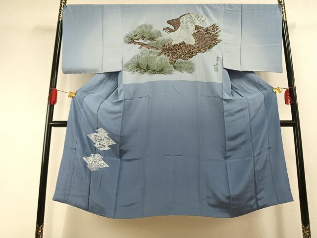 平和屋着物●男性 長襦袢 袷 手描き 鷹 金彩 正絹 逸品 AABH4672fy