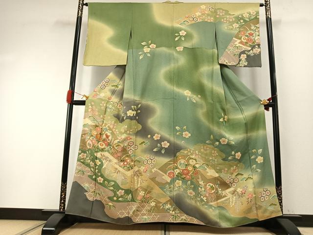 平和屋着物●訪問着 友禅 駒刺繍 草花文 暈し染め 金彩 正絹 逸品 AABH4677fy