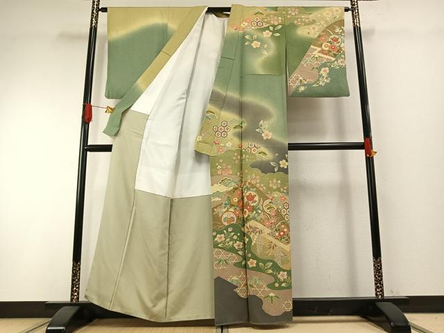平和屋着物●訪問着 友禅 駒刺繍 草花文 暈し染め 金彩 正絹 逸品 AABH4677fy