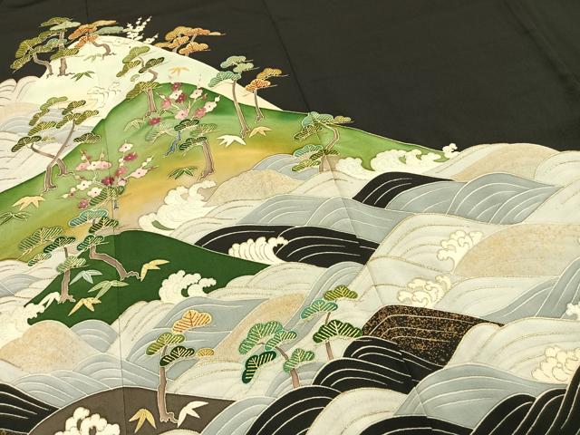 平和屋着物●染刺工芸 大羊居 東京友禅 黒留袖 刺繍 松竹梅 暈し染め 金銀糸 金彩 伊勢丹扱い 正絹 逸品 AABH4679fy
