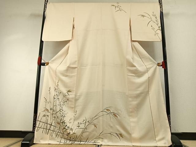 平和屋着物●訪問着 友禅 駒刺繍 草花文 金彩 ロング丈 正絹 逸品 AABH4693fy