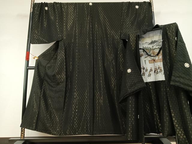 平和屋着物●男性　黒紋付　羽織セット　亀甲文　キングサイズ　正絹　逸品　AABH4703fy 平和屋着物○男性 黒紋付 羽織セット 亀甲文 キングサイズ 正絹 逸品