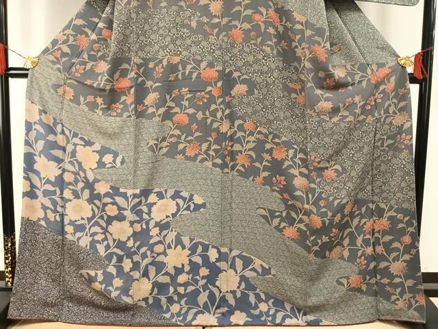 平和屋着物●訪問着 型染め 草花文 鬼しぼ縮緬 正絹 逸品 AABH4709fy