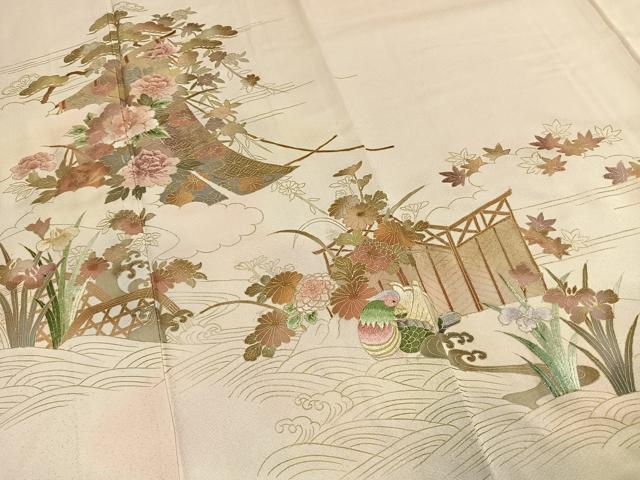 平和屋着物●訪問着 刺繍 花鳥文 暈し染め 金彩 正絹 逸品 AABH4735fy