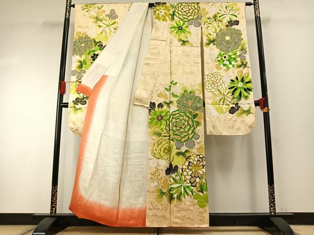 平和屋着物●豪華振袖 駒刺繍 草花文 金彩 正絹 逸品 AABH4744fy