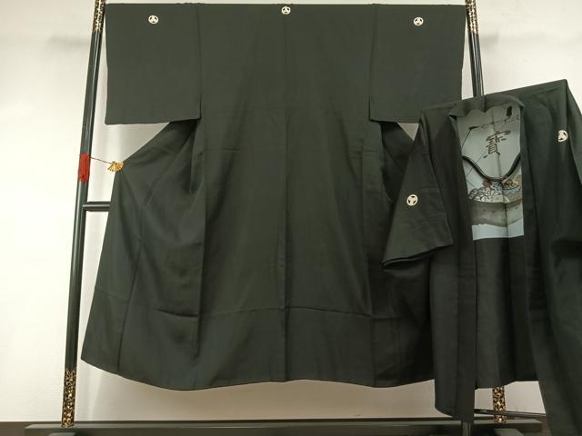 平和屋着物●男性 黒紋付 羽織セット 正絹 逸品 AABH4792fy