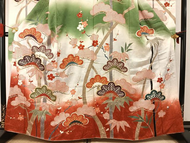 平和屋着物●豪華振袖 駒刺繍 松竹梅 暈し染め 金彩 正絹 逸品 AABH4820fy