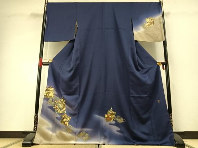 平和屋着物●漆工芸作家 金森一博 訪問着 色紙花文 暈し染め 金彩 さが美扱い ロング丈 正絹 逸品 AABH4829fy