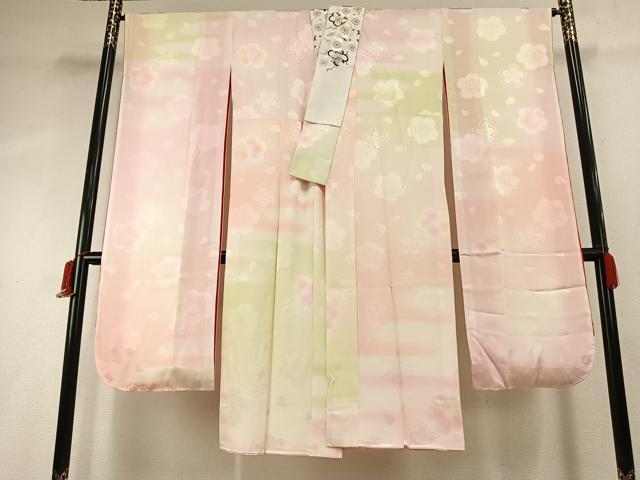平和屋着物●振袖用長襦袢　無双仕立て　舞桜地紋　暈し染め　半衿刺繍　正絹　逸品　AABH4857fy 平和屋着物○振袖用長襦袢 無双仕立て 舞桜地紋 暈し染め 半