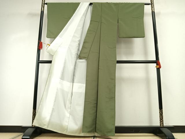 平和屋着物●上質な色無地 雪芝地紋 松葉色 正絹 逸品 AABH4859fy