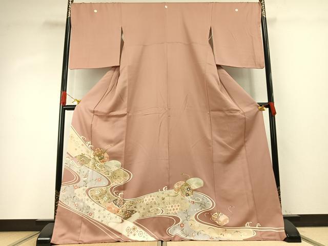 平和屋着物●豪華色留袖 友禅 駒刺繍 流水文箱文 金彩 ロング丈 正絹 逸品 AABH4860fy