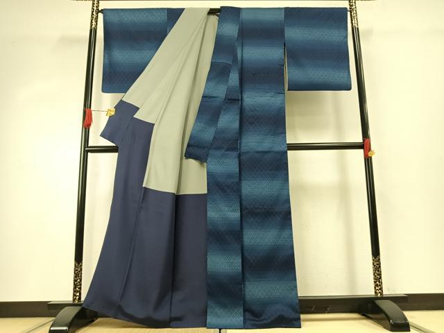 平和屋着物●上質な紬 花織 本藍 横段文 正絹 逸品 AABH4863fy