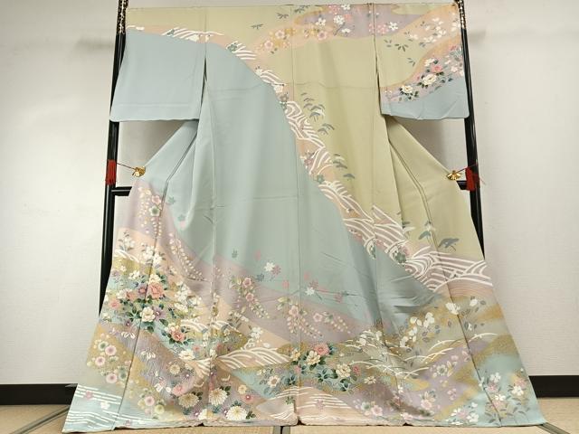 平和屋着物●訪問着 駒刺繍 草花文 金彩 ロング丈 正絹 逸品 AABH4867fy