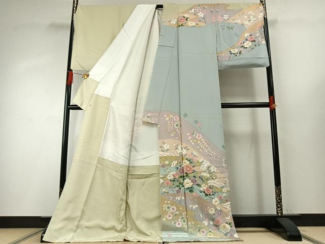 平和屋着物●訪問着 駒刺繍 草花文 金彩 ロング丈 正絹 逸品 AABH4867fy