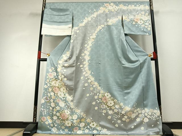 平和屋着物●訪問着 駒刺繍 草花文 暈し染め 金彩 丹後ちりめん 反端付き ロング丈 正絹 逸品 AABH4868fy