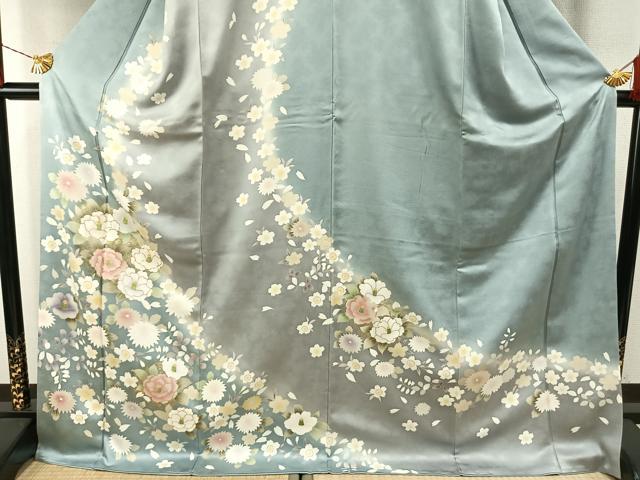 平和屋着物●訪問着 駒刺繍 草花文 暈し染め 金彩 丹後ちりめん 反端付き ロング丈 正絹 逸品 AABH4868fy