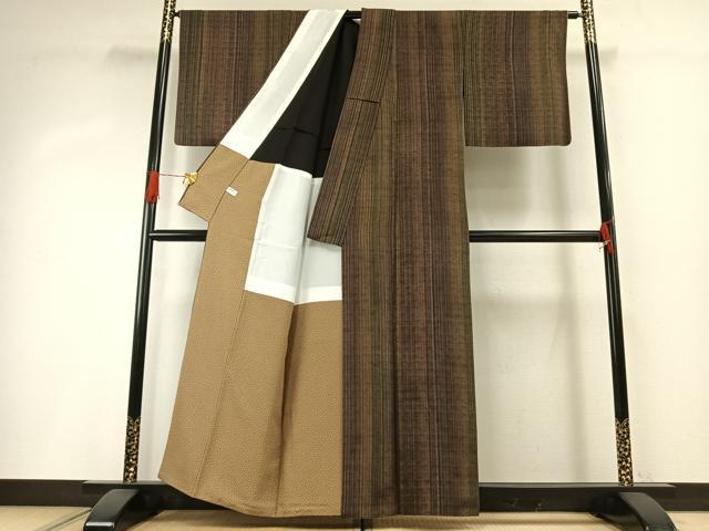 平和屋着物●野村一峰 網織紬 縞 指定書・反端付き 正絹 逸品 AABH4872fy