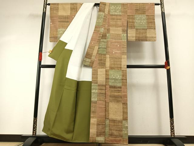 平和屋着物●伝統工芸士 七代目 吉澤与市 紬 市松文様 正絹 逸品 未使用 AABH4883fy
