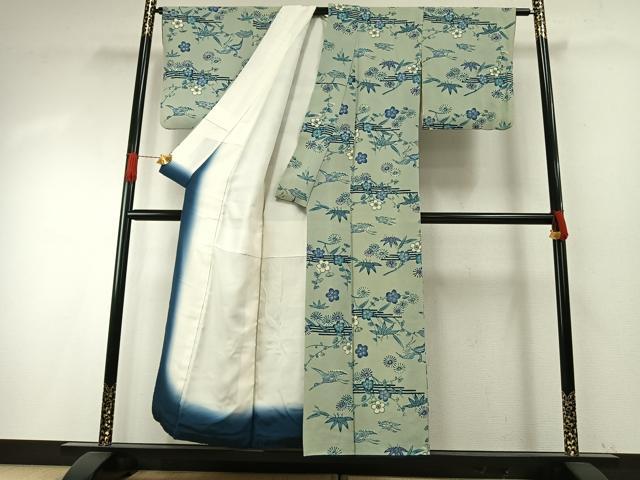 平和屋着物●上質な小紋 本藍 型染め 花鳥文 鬼しぼ縮緬 正絹 逸品 AABH4906fy
