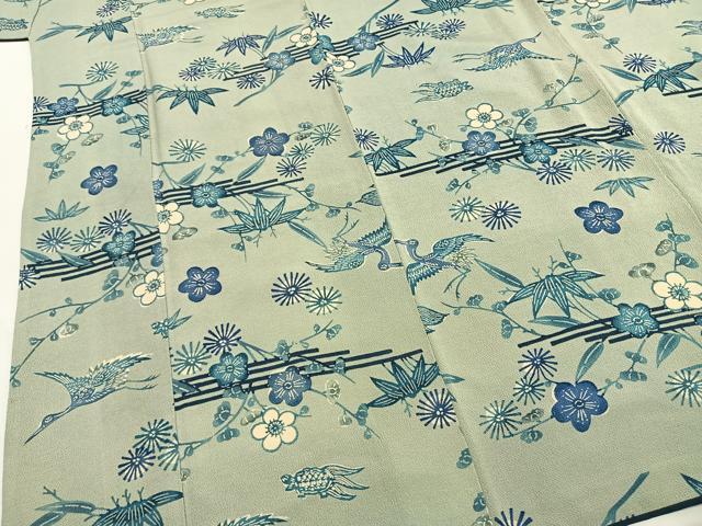 平和屋着物●上質な小紋 本藍 型染め 花鳥文 鬼しぼ縮緬 正絹 逸品 AABH4906fy