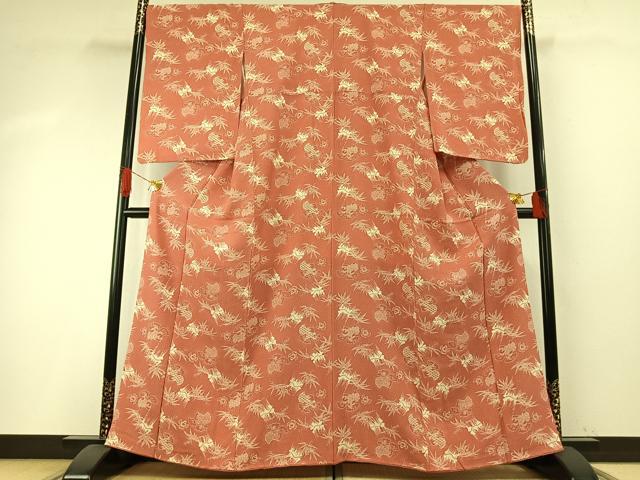 平和屋着物●竺仙鑑製 小紋 型染め 福良雀 笹竹文 反端付き 正絹 逸品 AABH4935fy