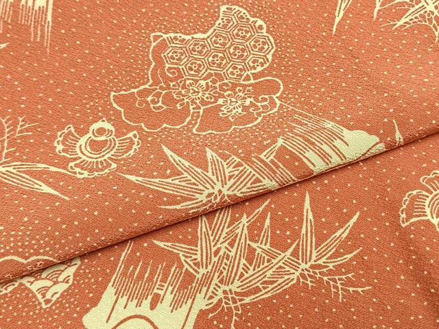 平和屋着物●竺仙鑑製 小紋 型染め 福良雀 笹竹文 反端付き 正絹 逸品 AABH4935fy