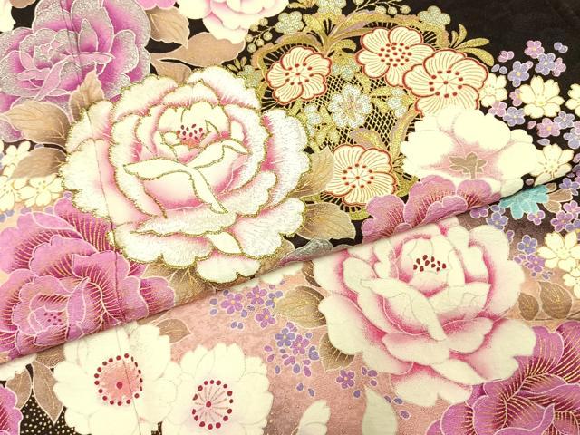 平和屋着物●豪華振袖 草花文 暈し染め 金糸 金銀彩 ラインストーン 正絹 逸品 AABH4949fy