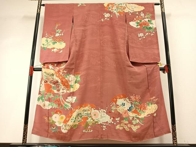平和屋着物●アンティーク 大正ロマン 訪問着 刺繍 扇面花文 金彩 正絹 逸品 AABH5013fy