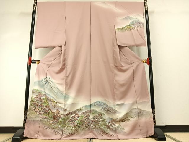 平和屋着物●訪問着 手描き 富士山 風景文 暈し染め 金彩 丹後ちりめん 仮絵羽 正絹 逸品 未使用 AABH5017fy