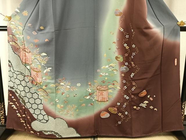 平和屋着物●訪問着 貝桶花鳥文 暈し染め 金彩 円舞袖 正絹 逸品 未使用 AABH5031fy