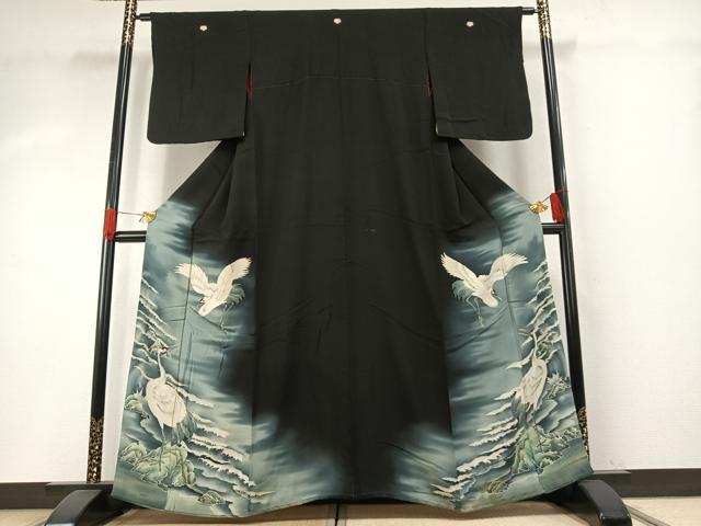 平和屋着物●アンティーク 大正ロマン 黒留袖 中国三大刺繍 相良刺繍 鶴 暈し染め 両褄 正絹 逸品 AABH5042fy