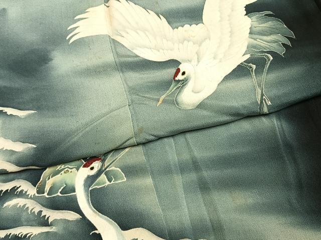 平和屋着物●アンティーク 大正ロマン 黒留袖 中国三大刺繍 相良刺繍 鶴 暈し染め 両褄 正絹 逸品 AABH5042fy