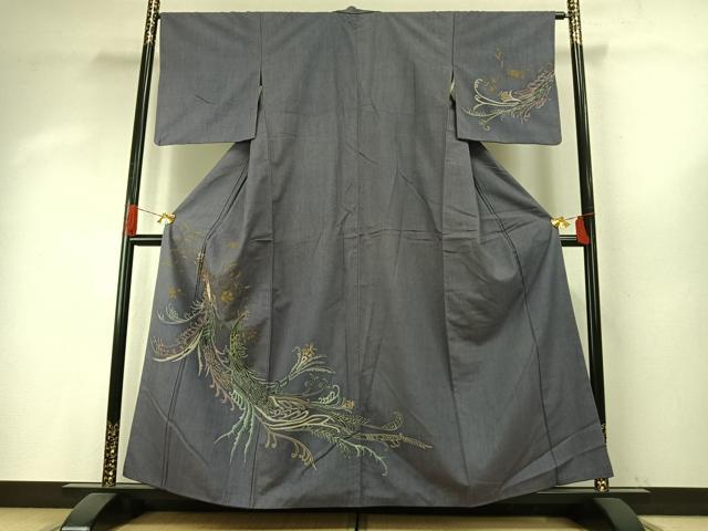 平和屋着物●訪問着 紬地 刺繍 花鳥文 金糸 金彩 正絹 逸品 AABH5132fy
